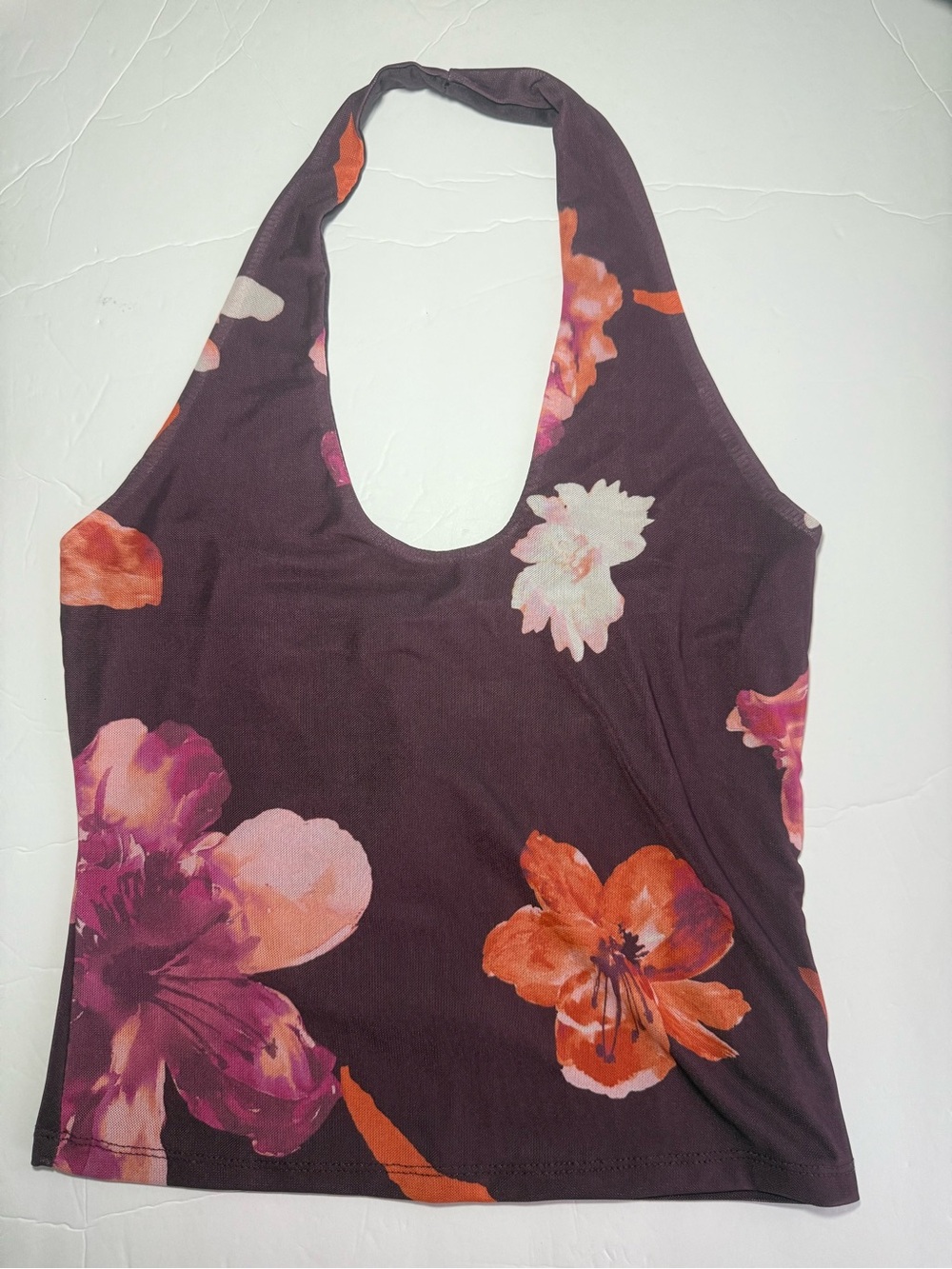 Pink Rose Floral Halter Top Dark Purple - Size M - Y2K Boho - NWT